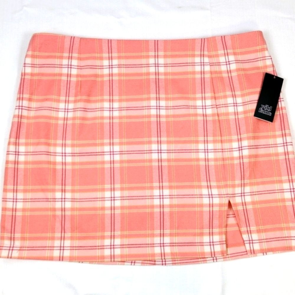 Wild Fable Plaid Mini Skirt Notch Front A-Line Coral 18 New